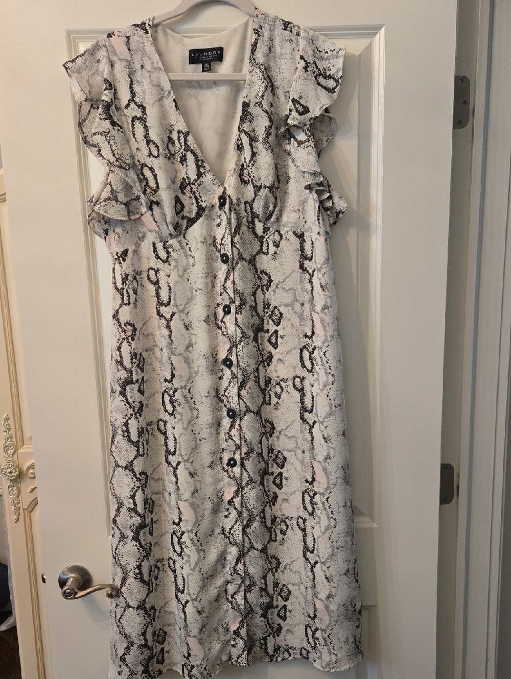 Laundry By Shelli Segal White and Black Snake-Print Button-Front Midi Dress